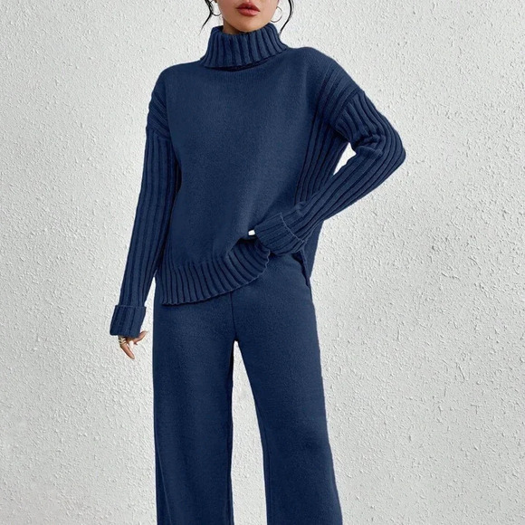Royal Blue Casual Women's High Neck Drop Shoulder Sweater And Pants - Picture 1 of 5